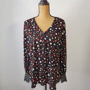Cabi Cheerful Blouse Floral & Striped Mixed Print Top L